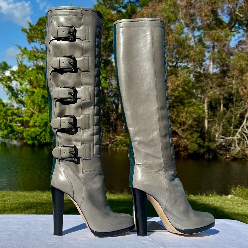 NIB Reed Krakoff Dark Gray Teal Leather Motorcycle Boot Buckle 7 Coach Designer